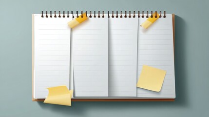 Open spiral-bound notebook with blank pages and sticky notes