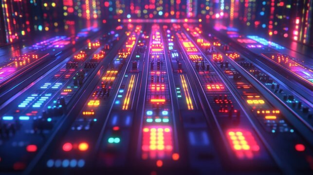 Futuristic control panel with glowing buttons and lights. Complex digital interface - Powered by Adobe