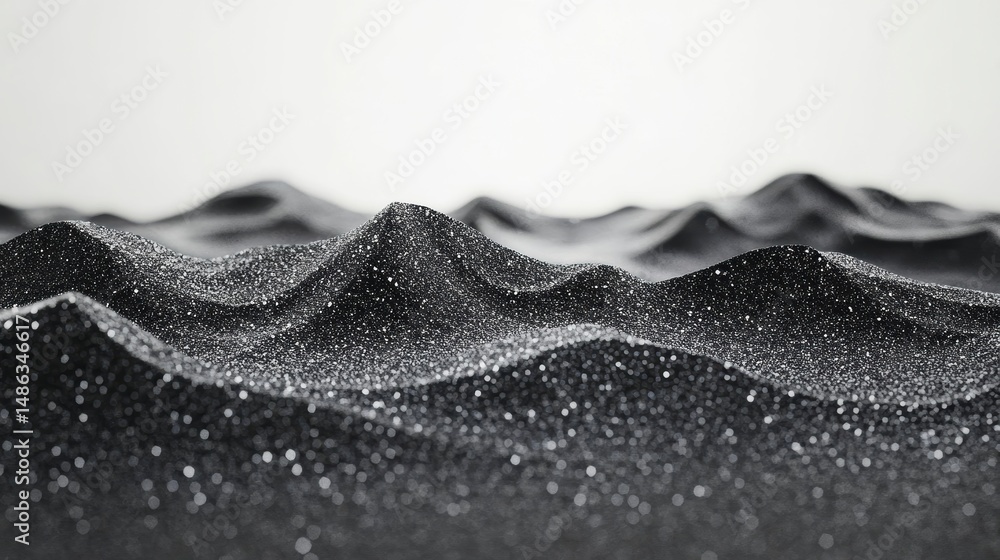 Poster Abstract grayscale landscape of rolling hills made of sparkling particles.