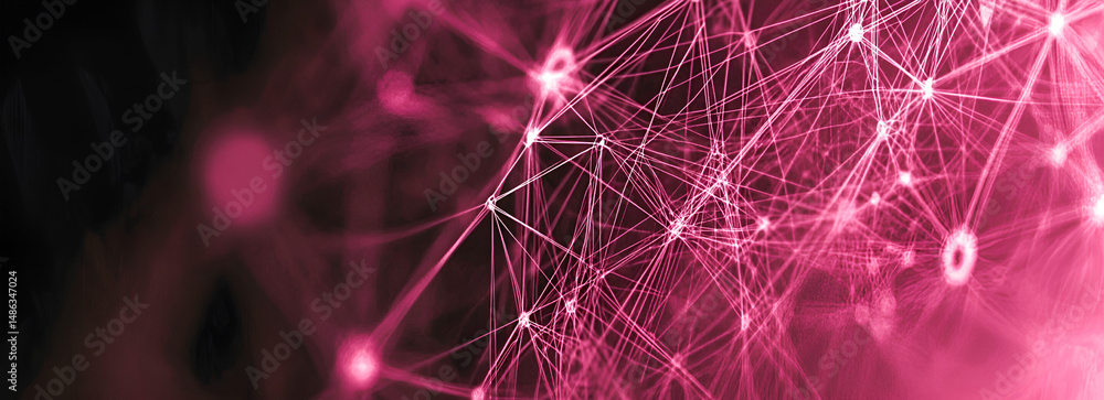 Poster abstract pink network connection with glowing dots representing data flow and technological innovati