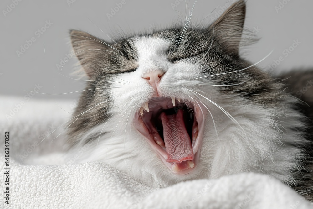 Poster cat yawning while resting on a soft blanket in a cozy indoor setting during daylight hours