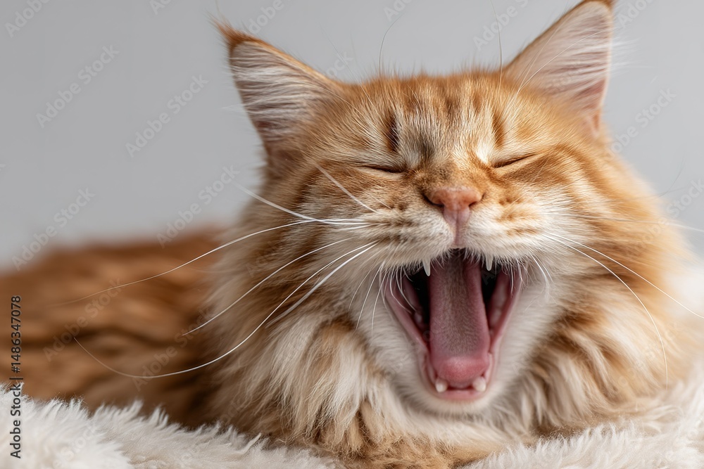 Poster cat yawning while relaxing on a soft surface in a cozy indoor setting