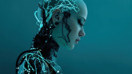 Futuristic AI Humanoid Glowing Circuits and Synthetic Skin