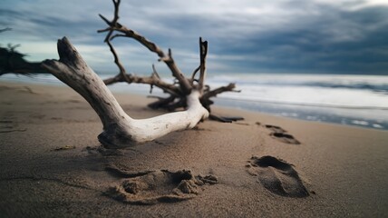 Driftwood on a sandy beach, with storm clouds overhead 