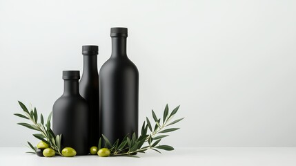 Three black bottles are displayed with olive branches and green olives against a white background.