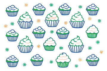 Cupcakes with cloud-piped frosting, sprinkled across a dreamy open field layout