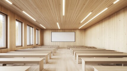Fototapeta premium Clean lecture hall with wooden paneling, long benches, and a whiteboard in front