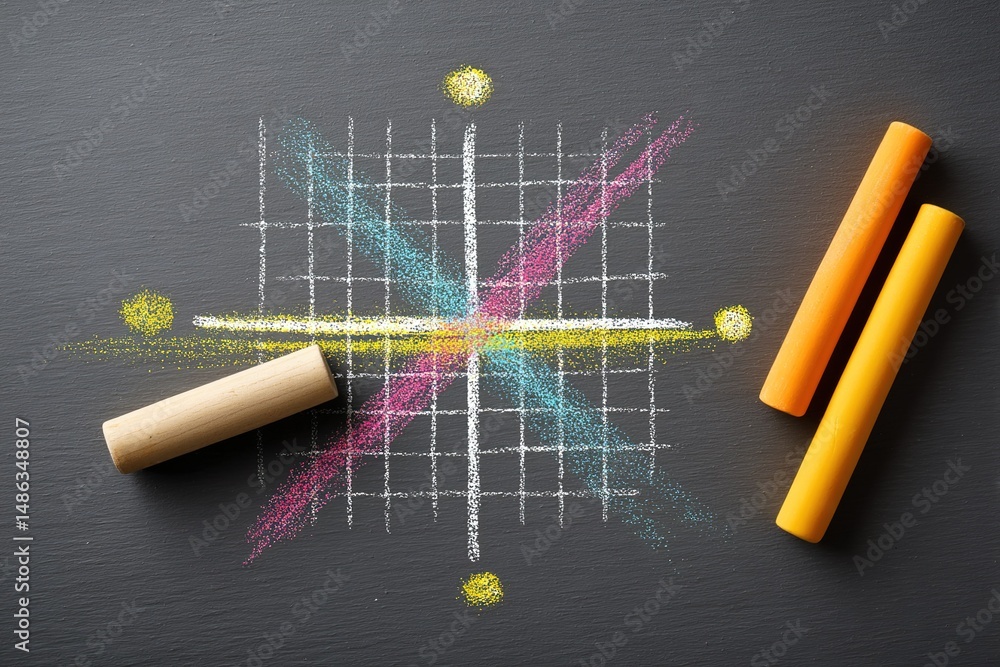 Poster colorful chalk drawing on a blackboard featuring a grid and intersecting lines with bright circles