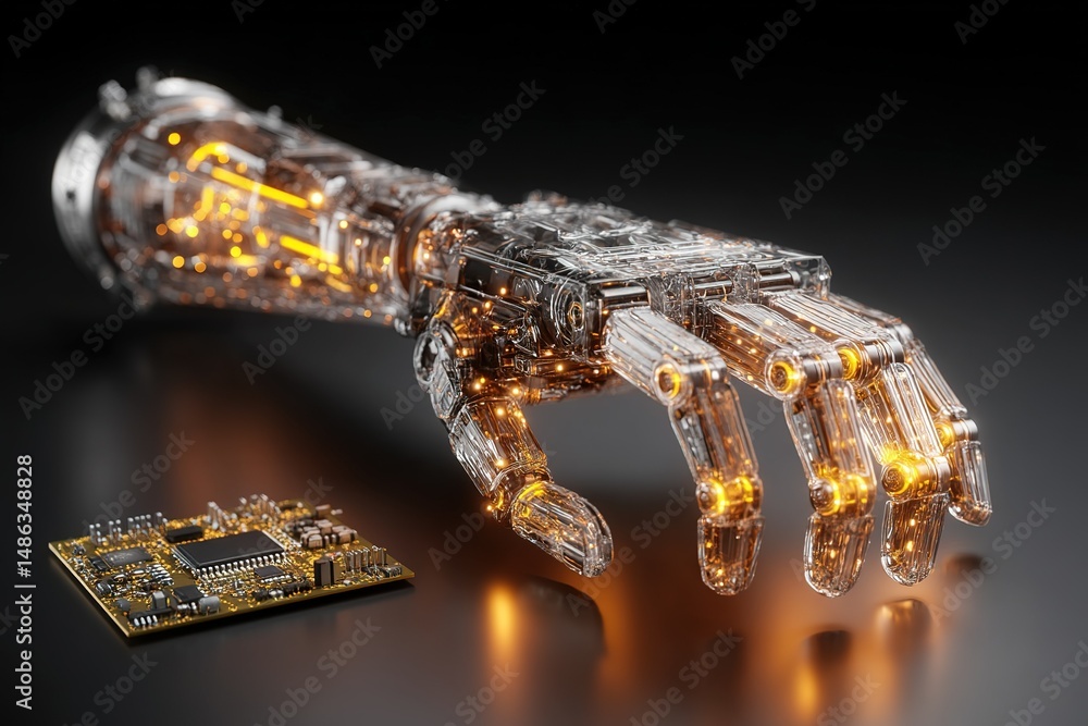 Poster futuristic robotic hand with illuminated circuits beside a microchip in a dark setting
