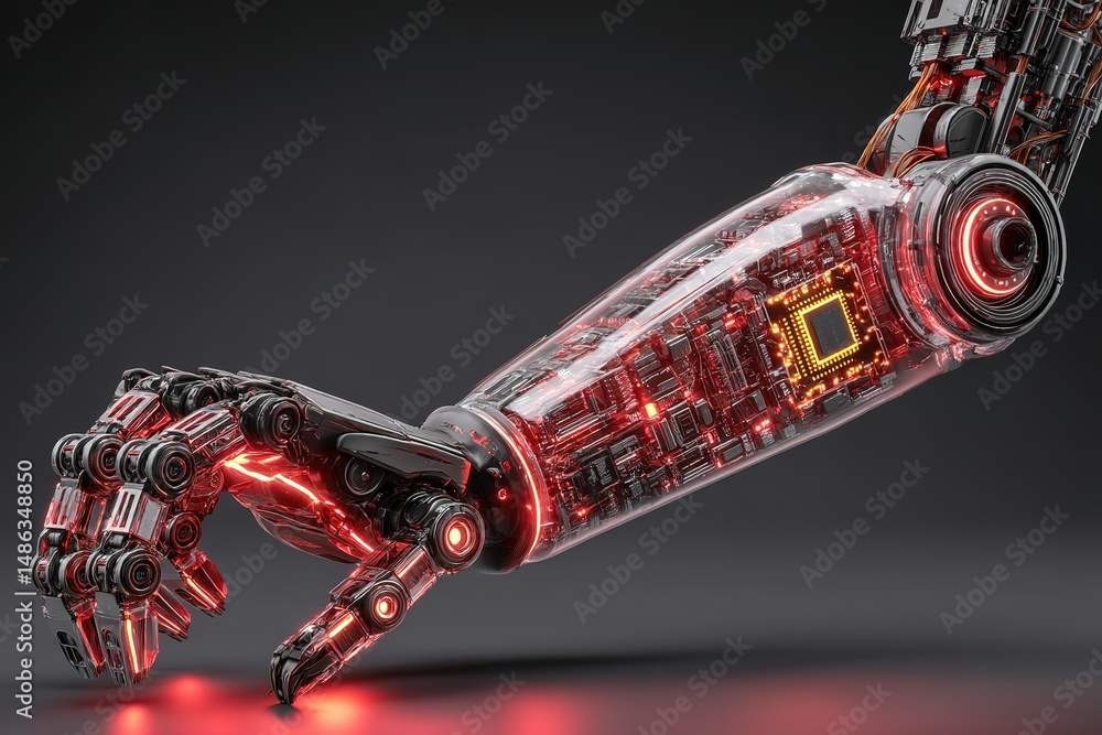 Poster advanced robotic arm with visible circuitry and glowing elements showcases technological innovation 