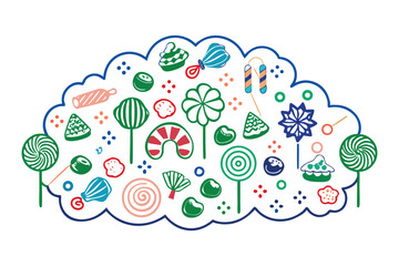 Lollipops, gummies, and jelly beans floating inside puffy cloud silhouettes