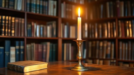 Lit candle on table in front of bookshelves education reading learning concept