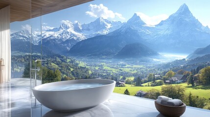 Contemporary tub in luxury mountain suite with seamless indoor-outdoor mountain view