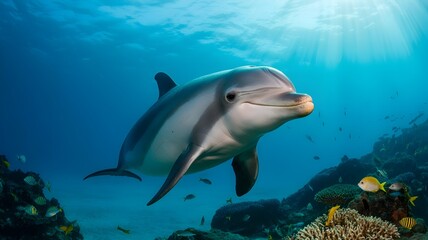 A playful dolphin swims through clear blue water. The dolphin has a grey and white body and is swimming with its head held high, appearing to look directly at the camera