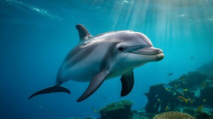 Fototapeta premium A beautiful dolphin gracefully swimming in the clear blue ocean with sunlight