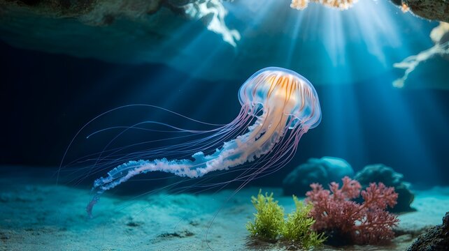 A mesmerizing jellyfish gracefully drifting through the tranquil ocean depths, bathed in sunlight - Powered by Adobe