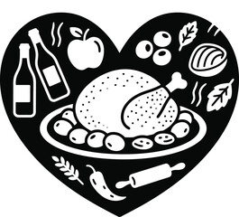 Heart Shaped Thanksgiving Food Icons Turkey, Bread, Apples and More Vector Illustration