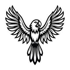 Black and White Stylized Parrot with Spread Wings Isolated on a White Background