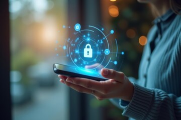 Stunning woman utilizing cutting-edge AI technology for home security through holographic display on mobile device.