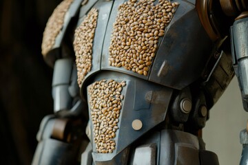 Close up of a futuristic, mechanical robot featuring unique grain covered armor plating, highlighting its intricate design and unusual materials