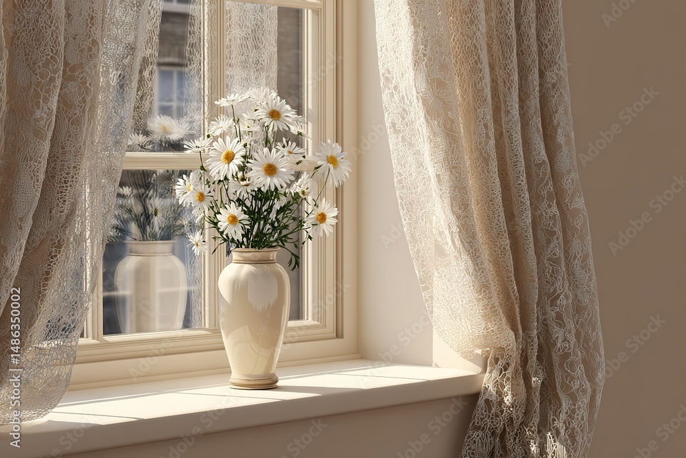 Aufkleber sunlight streams through a window illuminating a vase of white daisies on a windowsill in a cozy int