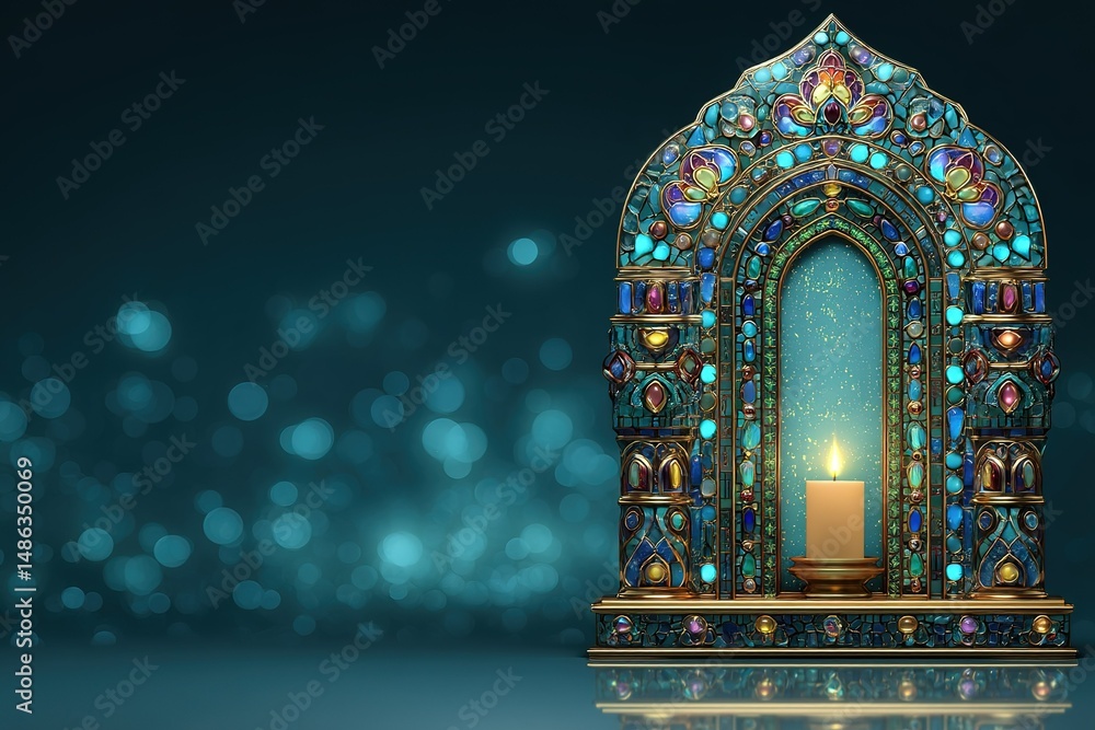 Poster ornate candle holder surrounded by shimmering bokeh with intricate design and vibrant colors at twil