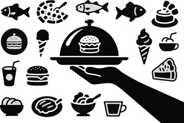 Black and White Food Icons Burgers, Pizza, Ice Cream and More Vector Illustration