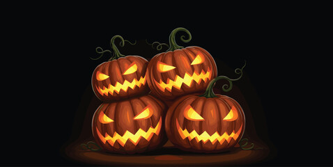 Spooky Halloween Jack-O'-Lanterns, Sinister Glowing Pumpkin Carvings with Creepy Faces, Isolated on Transparent Background