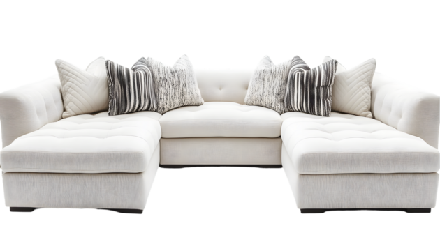 Luxurious off-white sectional sofa with tufted cushions and plush pillows, perfect for relaxation and entertaining