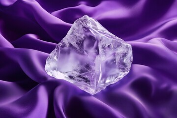 Transparent ice rhombus with frosted details lies on luxurious purple silk, creating a striking contrast between cold and smooth textures