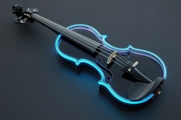 Innovative black violin illuminated with glowing blue lines on a dark background showcasing modern design and creativity