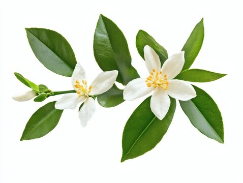 Fototapeta Orange blossom flower with white green leaves on a branch, isolated on a white background. Detailed close up with crisp focus texture. Perfect PNG transparent for botanical and nature themes.
