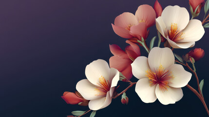 Naklejka premium Delicate white and peach flowers bloom gracefully on a branch against a dark moody backdrop, showcasing subtle beauty and intricate detail in a floral composition.