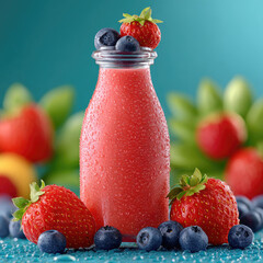 Berry smoothie in a bottle, adorned with strawberries and blueberries, fresh and healthy
