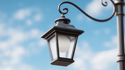 A street lamp with a white light bulb hanging from it