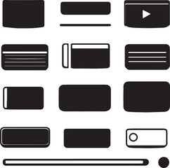 Black and White UI/UX Elements: Rectangles, Buttons, Video Player Icons