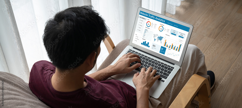 Poster computer software for website traffic analytics data on computer screen. concept of seo search engin