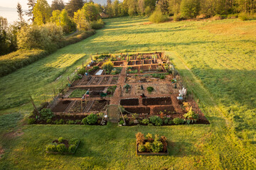 Aerial view of a Community garden located on an island in the Pacific Northwest. Beautiful morning light illuminates a garden area set aside on a land preserve in the Salish Sea area of Washington.