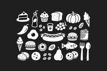 Chalkboard Food Graphics Burgers, Cakes, Fish & More Vector Illustration