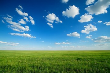 A vast, open field stretches toward the horizon, under a perfect azure sky, evoking a sense of freedom and tranquility.