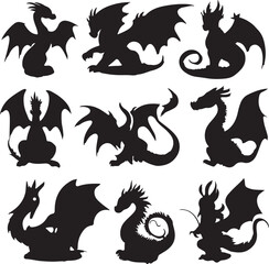 Naklejka premium Black Dragon Silhouettes: Fantasy Creatures, Winged Monsters, Art Design