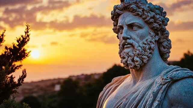 Sculpture of Greek philosopher Socrates in ancient Greece with sea view at golden hour sunset