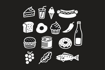 Chalkboard Food Graphics Burgers, Cakes, Fish & More Vector Illustration