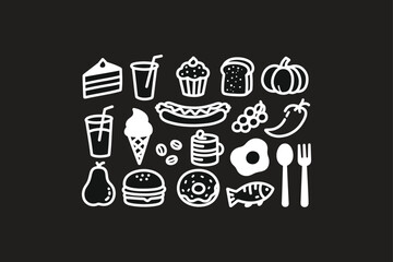 Chalkboard Food Graphics Burgers, Cakes, Fish & More Vector Illustration