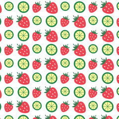 Seamless pattern with strawberries and lime on slices on white background
