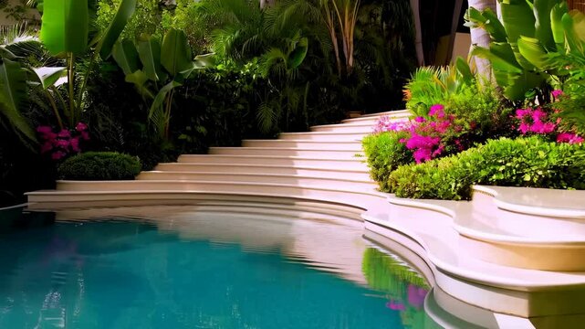 Luxurious turquoise pool with garden landscaping and white stairs leading upwards in a tropical environment.