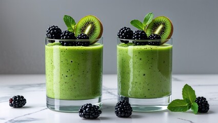 Two glasses filled with green smoothie topped with kiwi and blackberries on a marble surface top