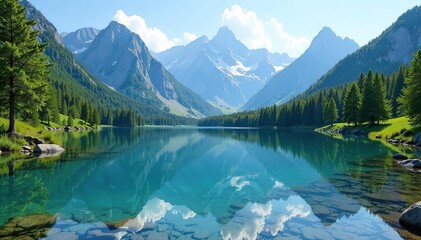Crystal clear alpine lake reflects majestic peaks, pristine, outdoor, ecology