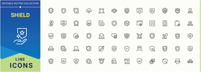 Shield icon set. Includes symbols for lock, privacy, security, guard, firewall, protection and more. Privacy icon. Outline icons pack. Editable stroke. Vector collection.