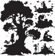 Silhouette Alice in Wonderland Scene with Tree and Characters